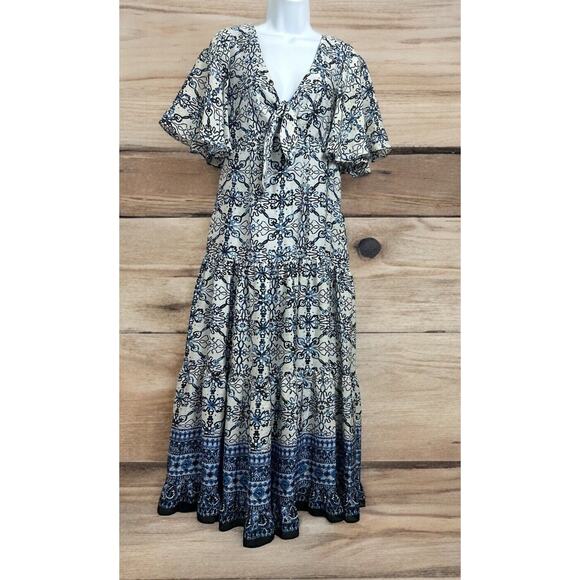 Taylor Boho Blue Dress Sz 12 Tiered Midi Lined Front Tie Flutter Sleeve New - Picture 3 of 13